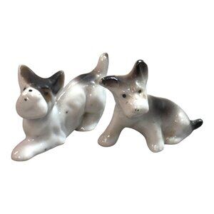 Vintage Japanese Schnauzer Ceramic Dogs White & Gray Hand Painted Miniature Mini